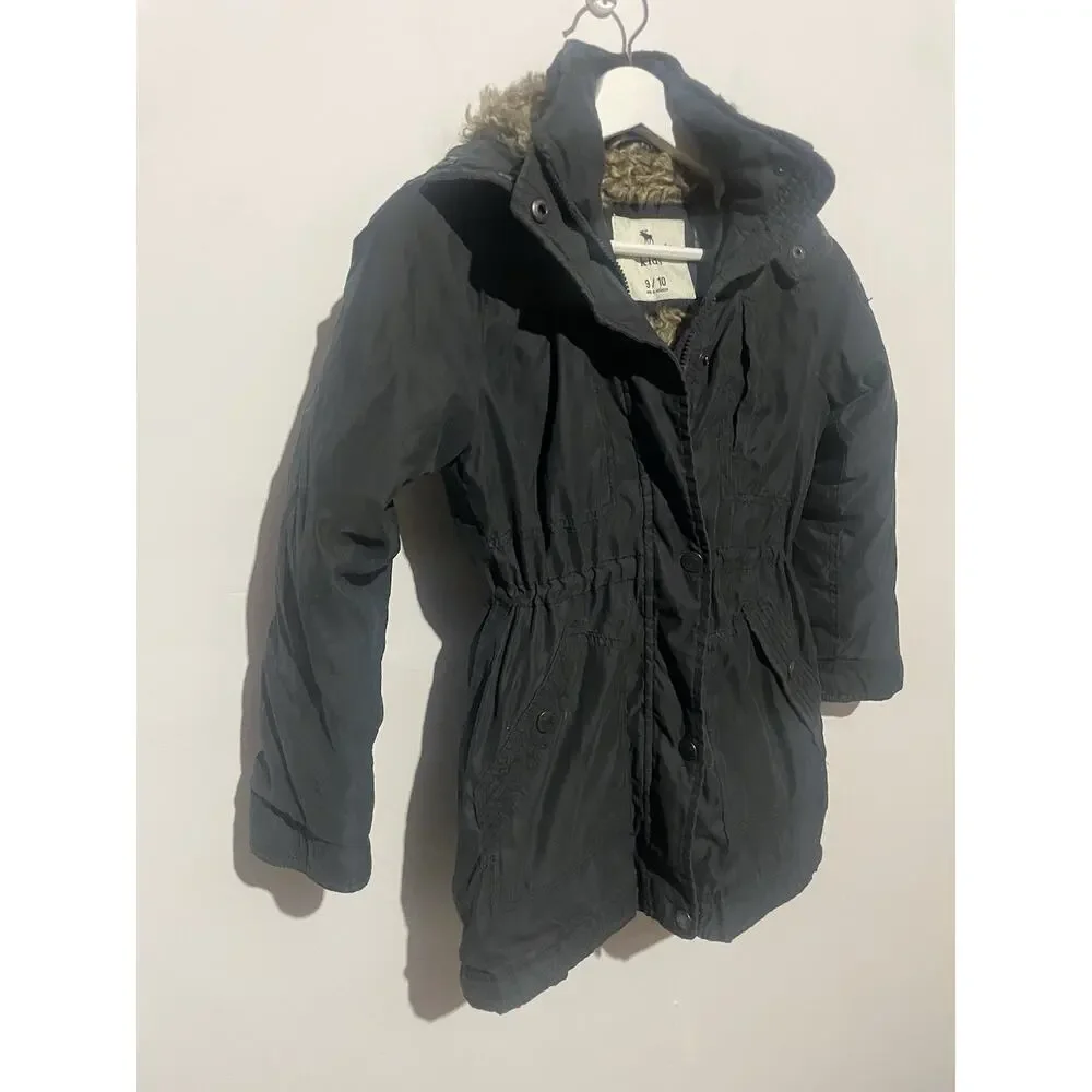 Abercrombie A&F Kids Winter Coat Parka Black Faux Fur‎ Hooded Jacket Girls 9/10